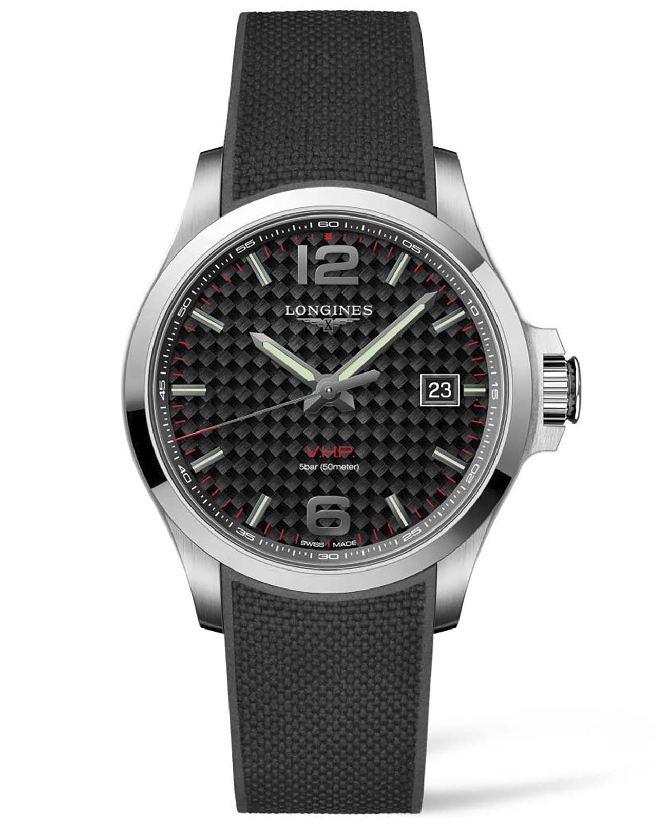 Longines Longines Conquest V.H.P. L3.726.4.66.9  L37264669 кварцевые мужские часы черный циферблат, браслет каучук — вид спереди